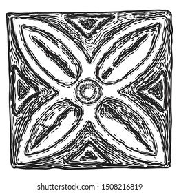 Square flower vintage scroll Baroque Victorian frame element. Rose or peony like floral ornament bloom engraved retro, decorative design in marble stone. Vector.