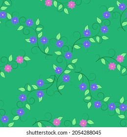 Square flowers twigs on a green background. Decorative colorful elegant romantic seamless pattern for decor, wallpaper, fabric, prints. Abstract fashion texture. Vector illustration
