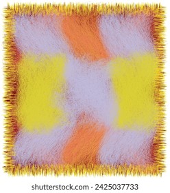 Square fluffy guilt  mat,blanket, , rug, carpet, tapestry with grunge rough colorful weave elements in violet, yellow, orange colors  on purple backdrop and decorative  zigzag fringe isolated on white