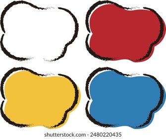 Square fluffy speech bubbles with hand-drawn crayon touch, white, red, blue and yellow