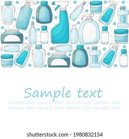 Volante cuadrado, pancarta. Conjunto de elementos de baño con estilo de dibujo a mano. Colección de latas, paquetes, tubos. Antiséptico, pasta dental, gel