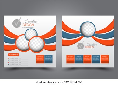 Square flyer design. A cover for brochure.  Website or advertisement banner template. Vector illustration. Blue and orange color.