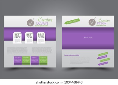 Square flyer design. A cover for brochure.  Website or advertisement banner template. Vector illustration. Purple and green color.