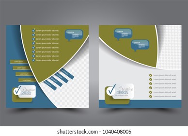 Square flyer design. A cover for brochure.  Website or advertisement banner template. Vector illustration. Blue and green color.
