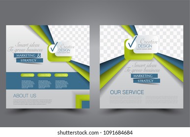Square flyer design. A cover for brochure.  Website or advertisement banner template. Vector illustration. Blue and green color.