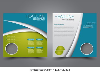 Square flyer design. A cover for brochure.  Website or advertisement banner template. Vector illustration. Blue and green color.