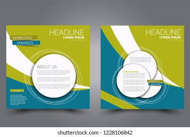 Square flyer design. A cover for brochure.  Website or advertisement banner template. Vector illustration. Green  and blue color.