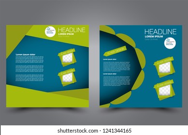 Square flyer design. A cover for brochure.  Website or advertisement banner template. Vector illustration. Green  and blue color.