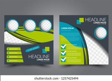 Square flyer design. A cover for brochure.  Website or advertisement banner template. Vector illustration. Green and blue color.