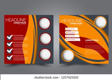 Square flyer design. A cover for brochure.  Website or advertisement banner template. Vector illustration. Orange and red color.