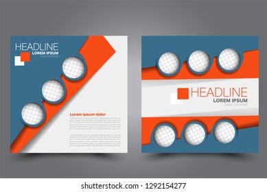 Square flyer design. A cover for brochure.  Website or advertisement banner template. Vector illustration. Blue and orange color.
