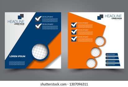 Square flyer design. A cover for brochure.  Website or advertisement banner template. Vector illustration. Blue and orange color.