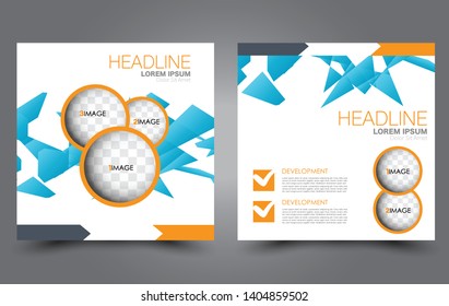 Square flyer design. A cover for brochure.  Website or advertisement banner template. Vector illustration. Blue and orange color.