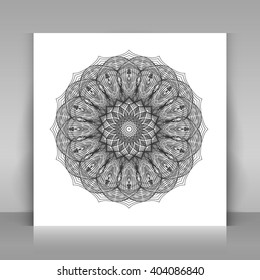 Square flyer with geometric ornament. Invitation card with round mandala. Vector template.