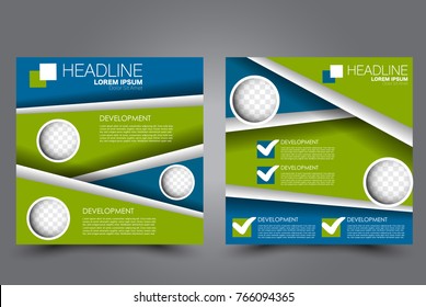 Square flyer template. Brochure or anual report cover design. For business and education. Vector illustration. Blue and green color.
