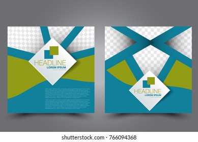 Square flyer template. Brochure or anual report cover design. For business and education. Vector illustration. Blue and green color.