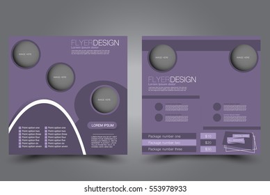 Square flyer template. Brochure design. Annual report poster. Leaflet cover. For business and education. Vector illustration. Purple color.