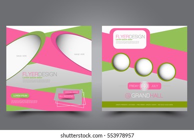Square flyer template. Brochure design. Annual report poster. Leaflet cover. For business and education. Vector illustration. Green and pink color.
