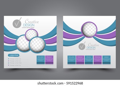 Square flyer template. Brochure design. Annual report poster. Leaflet cover. For business and education. Vector illustration. Blue and purple color