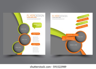 Square flyer template. Brochure design. Annual report poster. Leaflet cover. For business and education. Vector illustration. Orange and green color.