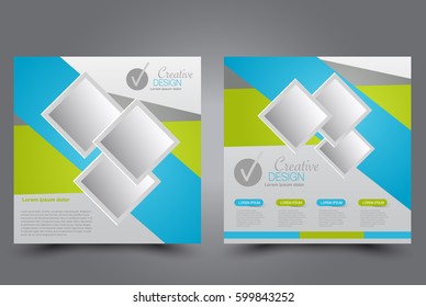 Square flyer template. Brochure design. Annual report poster. Leaflet cover. For business and education. Vector illustration. Blue and green color