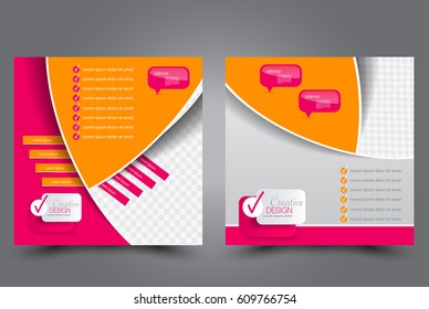 Square flyer template. Brochure design. Annual report poster. Leaflet cover. For business and education. Vector illustration. Orange and pink color