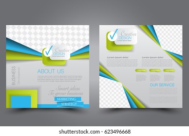 Square flyer template. Brochure design. Annual report poster. Leaflet cover. For business and education. Vector illustration. Blue and green color.