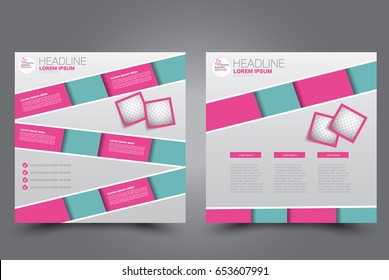 Square flyer template. Brochure design. Annual report poster. Leaflet cover. For business and education. Vector illustration. Green and pink color.