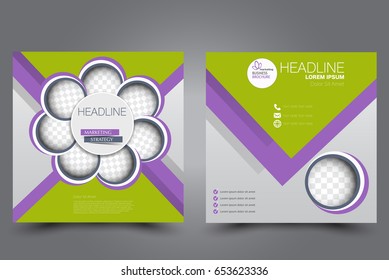 Square flyer template. Brochure design. Annual report poster. Leaflet cover. For business and education. Vector illustration. Purple and green color.