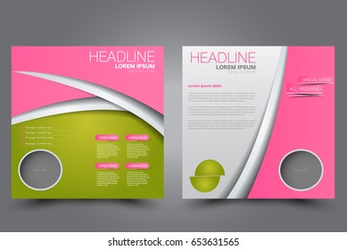 Square flyer template. Brochure design. Annual report poster. Leaflet cover. For business and education. Vector illustration. Green and pink color.