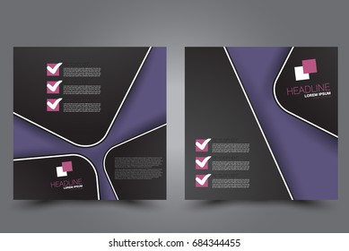 Square flyer template. Brochure design. Annual report poster. Leaflet cover. For business and education. Vector illustration. Purple and black color.