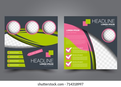 Square flyer template. Brochure design. Annual report poster. Leaflet cover. For business and education. Vector illustration. Pink and green color.