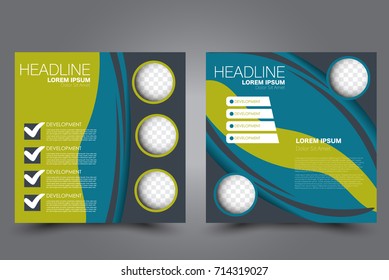 Square flyer template. Brochure design. Annual report poster. Leaflet cover. For business and education. Vector illustration. Blue and green color.