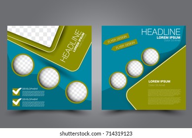 Square flyer template. Brochure design. Annual report poster. Leaflet cover. For business and education. Vector illustration. Blue and green color.