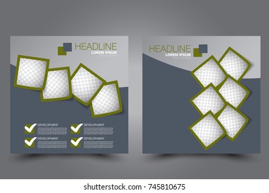 Square flyer template. Brochure design. Annual report poster. Leaflet cover. For business and education. Vector illustration. Green and grey color.