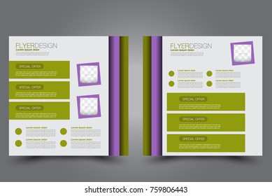 Square flyer template. Brochure design. Annual report poster. Leaflet cover. For business and education. Vector illustration. Purple and green color.