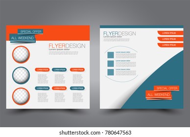 Square flyer template. Brochure design. Annual report poster. Leaflet cover. For business and education. Vector illustration. Blue and orange color.