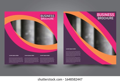 Plantilla de volante cuadrado. Diseño sencillo de folleto. Afiche para negocios, educación, publicidad, banner y banner. Color morado, rosa y naranja. Ilustración vectorial.