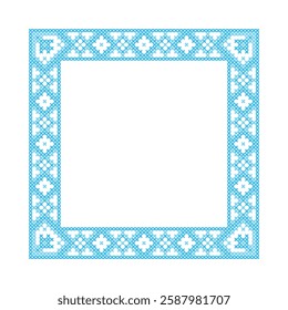 Square Folk Art Cross Stitch Pattern in Blue with Copy Space