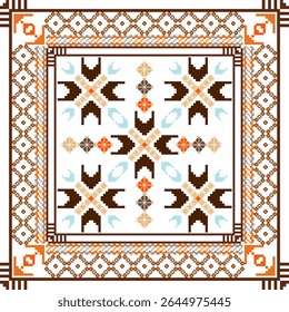 A square folk embroidery pattern with earthy tones of brown, orange, and beige, featuring geometric shapes, small flower motifs, and a detailed border design inspired by traditional cross-stitch.