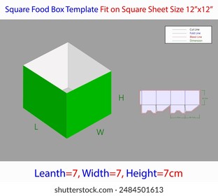  Square Food Box 7x7x7cm Dieline Template. Editable Vector File
