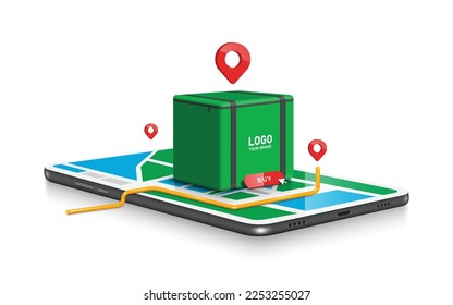 square food box or bag placed on a smartphone with GPS route and a pinpoint map on screen to deliver food customer,vector 3d isolated on white background for food delivery concept and design