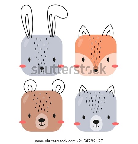 Square forest animal cartoon face. Set cute icons. Hare, fox, bear, wolf. Vector illustration.