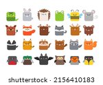 Square forest animal faces icon set isolated on white background. Cute cartoon square shape kawaii kids avatar character collection. Vector flat clip art illustration mobile ui game application.