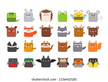 Square forest animal faces icon set isolated on white background. Cute cartoon square shape kawaii kids avatar character collection. Vector flat clip art illustration mobile ui game application.