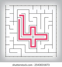 Square form linear number 4 maze puzzle. Tutorial confusing game activity.