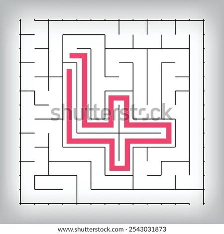 Square form linear number 4 maze puzzle. Tutorial confusing game activity.