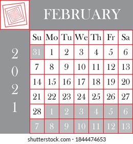 Square format 2021 Calendar February Gray White Background designer cut