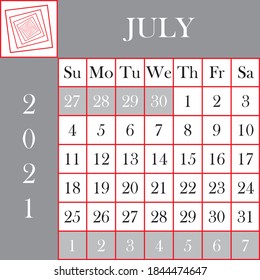 Square format 2021 Calendar July gray white background designer cut