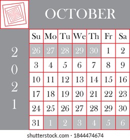 Square format 2021 Calendar October Gray White Background designer cut